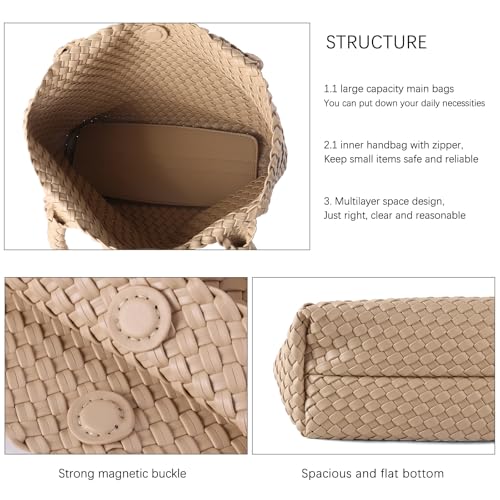 Hand Woven Bag Tote BagS For Women Top Handle Shoulder Vegan Leather Large Travel Beach Hobo Handbag - color: Apricot