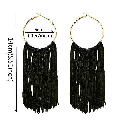 Boho Long Tassel Dangle Earrings for Women Lightweight Circle Hoop Silky Thread Fringe Drop Statemen Earrings - color: black