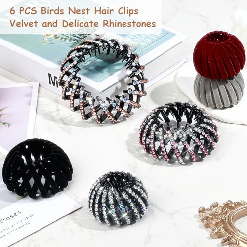 DIQIUREN 6 PCS Expandable Birds Nest Hair Clip Accessories for Women and Girls, 3 PCS Rhinestone Bird Nest Magic Hair Clip for Ponytail Holder and 3 PCS Fixed Velvet Birds Nest Hair Clips for Women - color: Color-Velvet & Rhinestones
