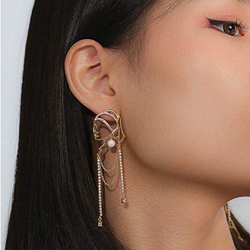 Unique Abstract Face Art | Dangle Statement Long Earrings for Women | Rhinestone Tassel Handmade Chandelier Earrings - color: gold