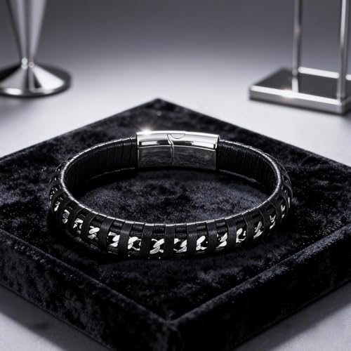 Men's Leather Bracelet, Stackable Stainless Steel Clasp Bracelets for Men Stylish Birthday, Thanksgiving, Valentine's Day Gift for My Man - style: 8.6" Embedded Cuban Chain