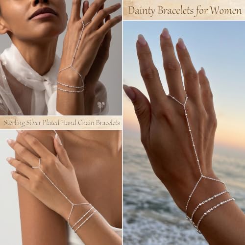 Hand Chain Bracelet for Women Trendy, Dainty Silver Beaded Finger Ring Bracelet Non Tarnish Minimalist Adjustable Simple Cute Silver Bracelets Waterproof Fashion Jewelry - color: Silver-01