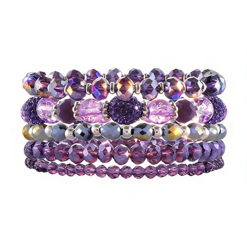5PCS Beaded Bracelets for Women, Stackable Bohemian Glass Crystal Bead Stretch Bracelets, Purple Jewelry Multilayered Disco Ball Design, Gift for Mother's Day, Birthday, Anniversary