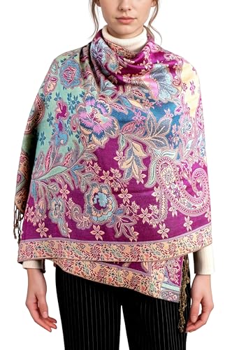 Achillea Elegant Paisley Floral Pashmina Shawl and Wrap – Boho Rave Scarf for Festival, Travel & Everyday Wear - color: Purple Turquoise