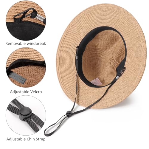 DRESHOW Women Straw Panama Hat Travel Fedora Beach Sun Hat Summer Wide Brim Straw Roll up Hats UPF 50+ - color: Fedora a Khaki