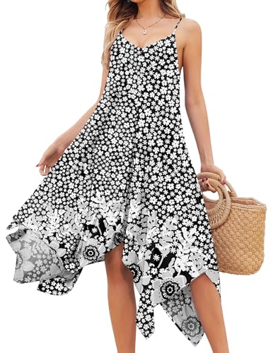 Chigant Women's 2026 Summer Dress Casual Boho Sundress Spaghetti Strap Swimwear Cover Up Beach Flowy Midi Vacation Dresses - color: Black White Floral, size: Small