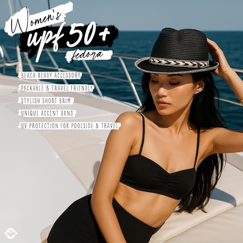 Funky Junque Straw Fedora Hats for Women - UPF 50+ Sun Hat, Short Brim Packable Beach Hat with Woven Pattern - color: Black