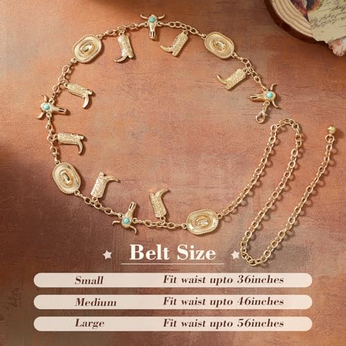 XZQTIVE Women Boho Chain Belts For Dresses Jeans Western Cowgirl Waist Links Belt Adjustable Metal Concho Belt - size: Fit Waist upto 36inches, style: Bull Buckle Gold