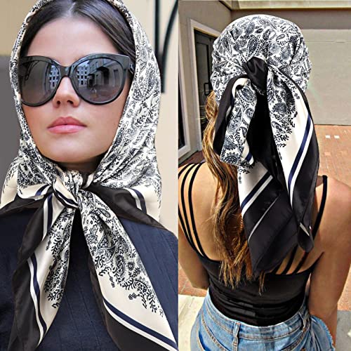 DRESHOW 35” Large Square Satin Head Scarf - 4Pcs Silk Accessories Classic Patterned Squares Beach Bandanas for Women - color: 4 Pcs: Black, Camel, Light Pink, Light Green