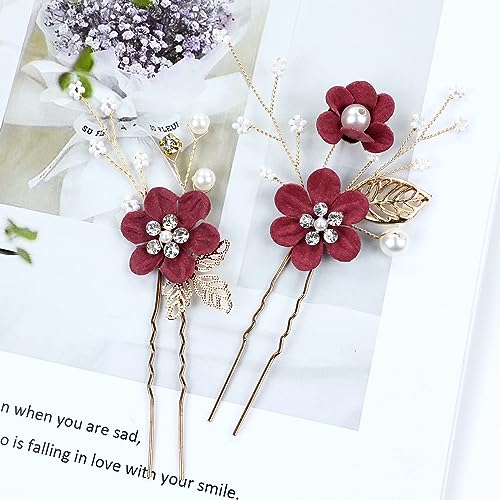 inSowni 20 Pack Classic White Dusty Pink Blue Flower Bridal Wedding Hair Side Combs+U-shaped Flower Hair Pins+Twist Spiral Pearl Hair Pins Pieces Headpieces Accessories for Brides Bridesmaids Women - color: Wine Red