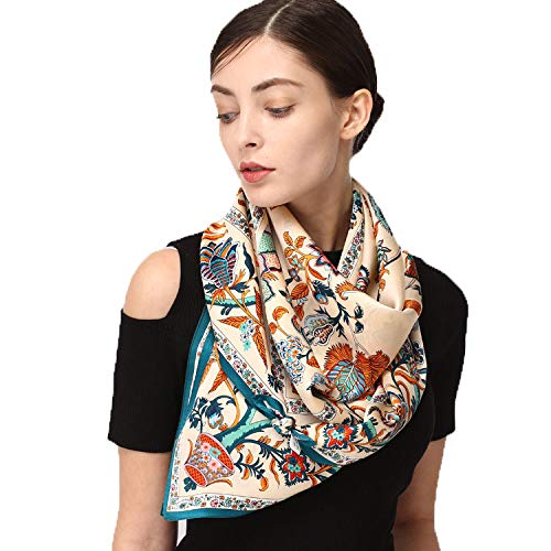 100% Silk Scarves, Extra-Large and XX-Large - color: Beanstalk, Creme With Teal Trim