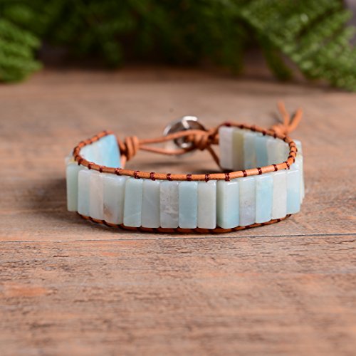 YGLINE Boho Handmade Wrap Leather Tube Crystal Stone Bracelet for Women - color: Amazonite