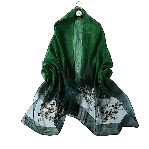 WINCESS YU Women Mulberry Silk Scarf Long & Large Embroidered Floral Pattern Shawl and Wraps Neckerchief for Hair & Neck - color: Gradient Green