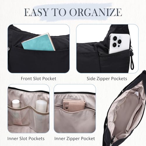 VASCHY Crossbody Crescent Bag for Women, Casual Lightweight Nylon Large Slouchy Hobo Bags Purses for Travel/Gym/Work/College - color: Black