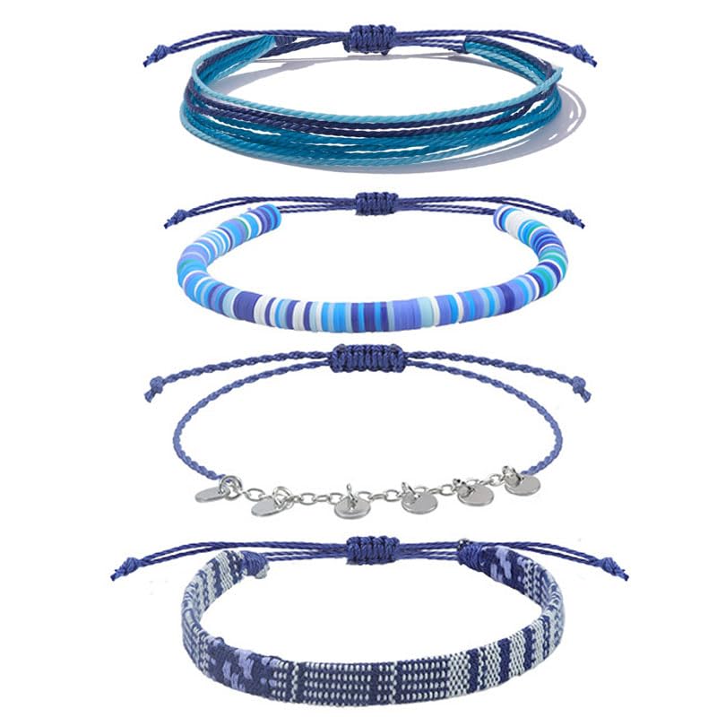 Beach Summer Ankle Bracelet for Women Handmade Braided Adjustable String Anklets Waterproof Surfer Bracelet - color: Blue 25