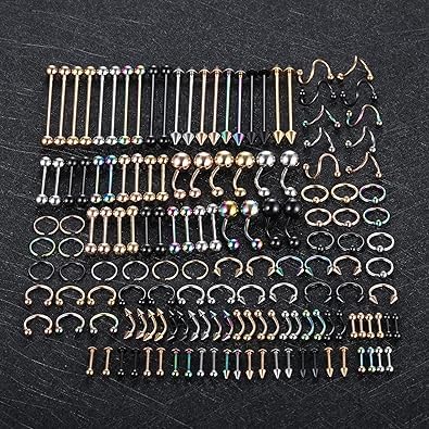 Oveta 150-151PCS Body Piercing Jewelry Lot 14G 16G 20G Stainless Steel Nose Lip Tongue Cartilage Tragus Eyebrow Industrial Barbell Belly Button Rings Piercing Kit Jewelry - style: 151pcs-Mixed Color
