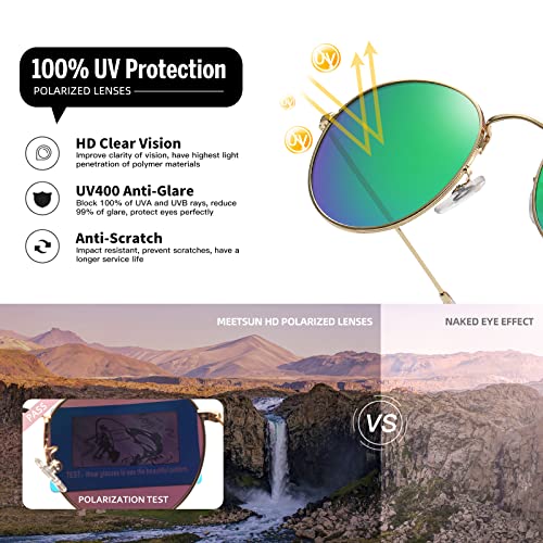 MEETSUN Round Polarized Sunglasses for Women Men Classic Retro Metal Frame Sun Glasses UV Protection - color: Gold/Green