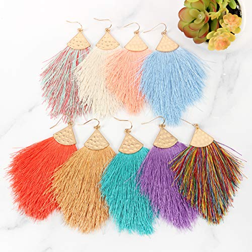Bohemian Silky Thread Fan Fringe Tassel Statement Earrings - Lightweight Strand Feather Shape Dangles - color: Feather Fringe - Black Silver