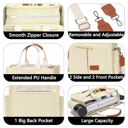 ZHMO Canvas Tote Bag for Women,Women's Bags Crossbody Bags Work Laptop Tote Bag Large Handbags Purse for Travel Nurse Teacher - color: New Upgrade Beige With Compartments and Side Cup Holders