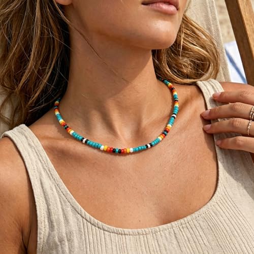 Tgirls Boho Choker Necklace Chain Rice Beaded Necklaces Seed Bead Necklace Accessory for Women - color: colourful 1