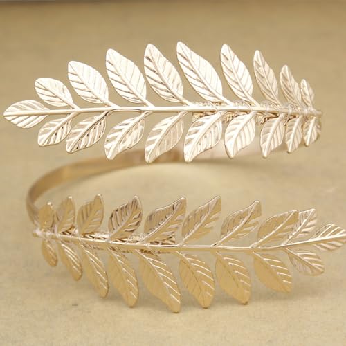 Cool Upper Arm Adjustable Bracelet Open Punk Gothic Cuff Bangle Coil Swirl Leaf Wing Butterfly Silver Gold Armband Minimalist Armlet Vintage Jewelry for Women - color: gold leaf