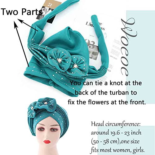 Woeoe Beanie Cap Head Wrap Black Rhinestones Head Scarf Flower Pearls Twisted Head Turban for Women Girls - color: Teal Color