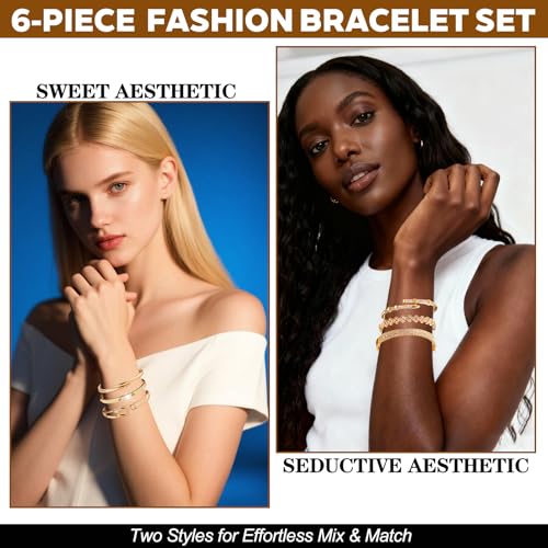 6PCS Gold Designer Classic Bangle Bracelet Set for Women, 18K Gold Plated with AAA Cubic Zirconia, Ideal Gift for Birthday Christmas Valentine's Day Mother's Day - color: Classic Style - Minimalist Elements