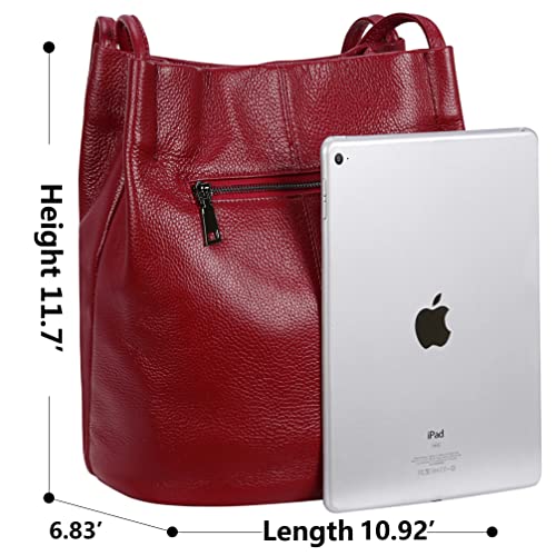 Iswee Genuine Leather Tote Bucket Bags Hobo Shoulder Bags Purse and Handbags for Women Trendy - color: Wine-lichee