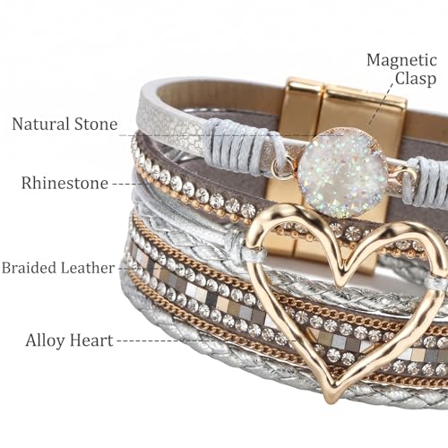 Long tiantian Leather Bracelets for Women Warp Bracelet Stackable Boho Layered Bracelet Chunky Heart Trendy Birthday Gifts for Her - color: A1:Womens Bracelet(Silver)
