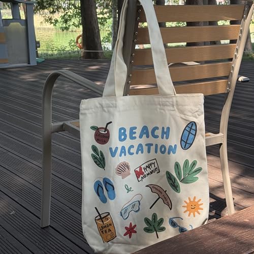 Canvas Tote Bag with Zipper for Women, Aesthetic Tote Bag with Pocket for Vacation, Shopping, Travel, Beach - style: Beach Vacation