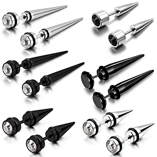 Aroncent 12PCS Stainless Steel Fake Tapers Mens Earrings Illusion Tunnel Cheater Piercing Jewelry Set for Men Women - color: A1