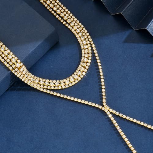 Statement Layered Sparkly Crystal Choker Black Long Tassel Y Necklace for Women, Dainty Multilayer Silver Bling Rhinestone Necklaces Prom Jewelry Gift - color: Gold