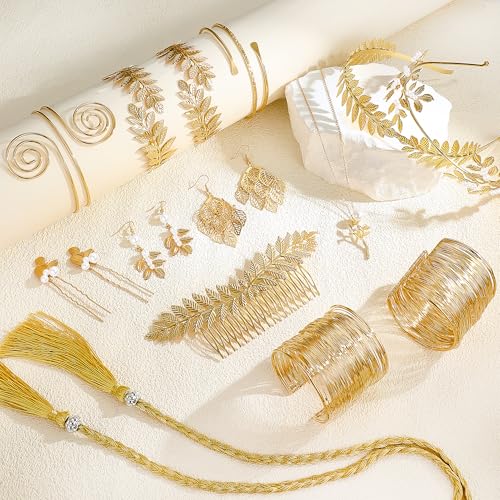 17 Pcs Greek Goddess Costume Accessories Set for Women Golden Leaf Headband Hair Clips Upper Earrings Arm Cuff Earrings Belt Toga Party Jewelry