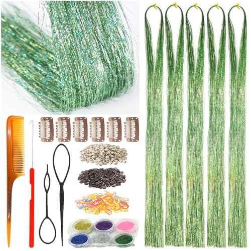 Celinebella Glitter Lime Hair Tinsel, 1250 Strands Light Green Shimmer | Bright light green lime shade, diamond-like sparkle, heat resistant, ideal for St. Patricks Day cosplay themed parties - color: 10-Glitter Lime, size: 48 Inch Pack of 5Pcs