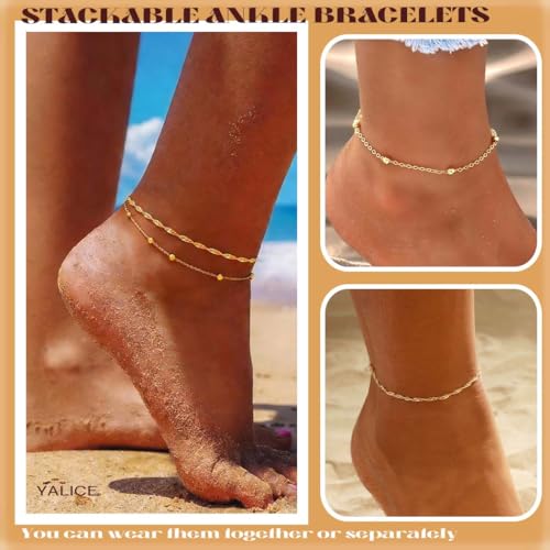Yalice 925 Silver Ankle Bracelets Chain for Women Dainty 14K Gold Plated Waterproof Beads Anklets Layered Beach Foot Jewelry Gift - color: Gold-Twisted Link