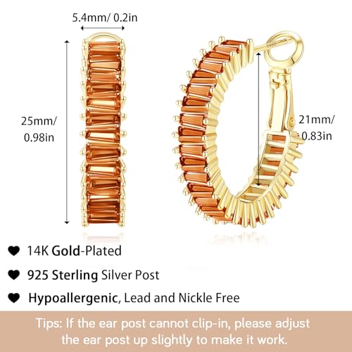 Trendy 14K Gold Plated Hoop Earrings for Women, Chunky Gold/Silver Earrings for Women Cubic Zirconia Baguette Hoop Earrings Heart Hoops Lightweight Hypoallergenic Jewelry,25mm/35mm/40mm/50mm - color: 01 Gold Burnt Orange Hoops 25mm