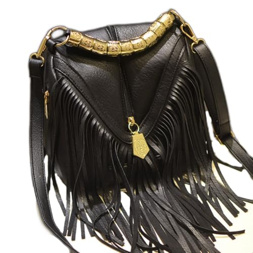 Tassel Shoulder Bag, Vintage Stylish Women PU Leather Bohemian Fringed, Vintage Hobo Crossbody Bag,Fringe Handbag - color: Black Red-1