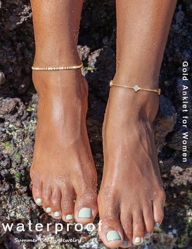 RLMOON Gold Silver Anklets for Women CZ Ankle Bracelet 14K Gold Plated Waterproof Layered Stackable Clover Butterfly Tennis Chain Anklet Trendy Summer Beach Foot Jewelry - color: B-Clover&Tennis Anklet-Gold