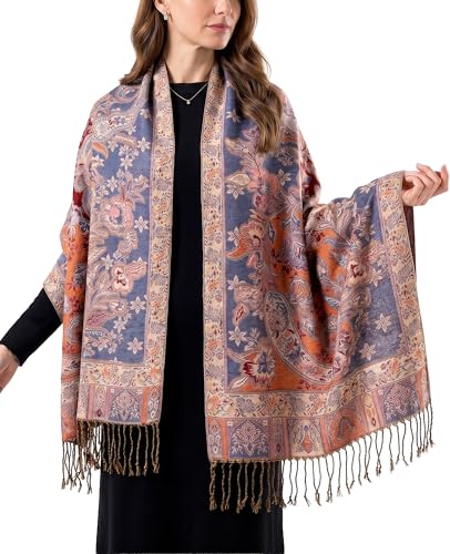 Achillea Elegant Paisley Floral Pashmina Shawl and Wrap – Boho Rave Scarf for Festival, Travel & Everyday Wear - color: Navy Rust