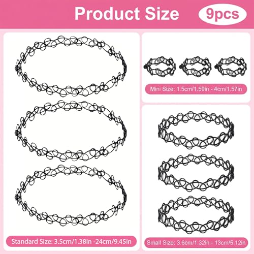 90s Tattoo Choker, 9 PCS 90s Tattoo Choker Necklace, Bracelet and Ring Set, Black Stretchy Gothic Chokers Adjustable Retro Gothic Grunge 90 Necklace Jewelry for Women Accessories