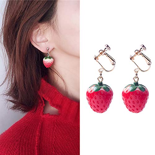 Cute Strawberry Earrings for Women-3D Acrylic Strawberry Drop Dangle Earring Costume Accessories Halloween Christmas Party Jewelry - style: C:Ear clip
