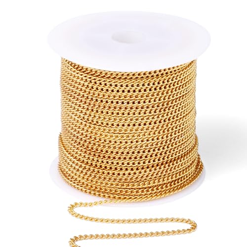 [66 Feet/ 20M] 18K Gold Plated Stainless Steel Curb Chain, 2mm 304 Stainless Steel Flat Twisted Links Curb Chains Bulk for Jewelry Making Necklace DIY Craft - color: Gold Color, size: 2.0mm width