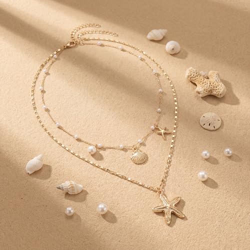 Shell Starfish Necklace for Women, Gold Plated Boho Layered Pendant Necklace with Pearl Conch Charm, Dainty Coastal Summer Beach Vacation Jewelry Gifts - style: Shell&Starfish 2Pcs