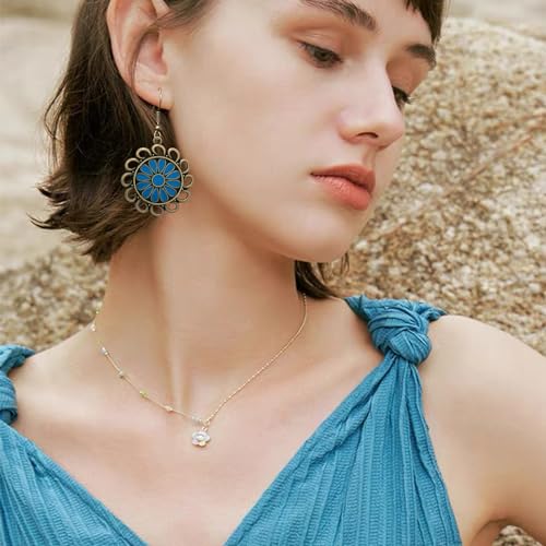 Bohemian Lightweight Vintage Copper Enamel Flower Hollow Dangle Drop Earrings Handmade Retro Circle Floral Hook Earrings For WomenJewelry Gifts - color: Blue