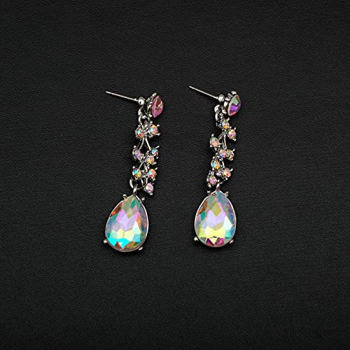 CSY 4 Pcs/Set Austrian Crystal Necklace Earrings Bracelet Ring Bridal Jewelry Sets for Brides Wedding Party Costume Accessories Gifts for Women - color: Iridescent AB Crystal - Silver tone