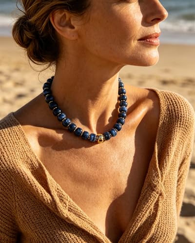 Chunky Beaded Statement Necklace for Women Trendy Colorful Boho Resin Bead Choker Necklaces Summer Handmade Jewelry Gifts Accessories - color: Gold-Deep Blue-1