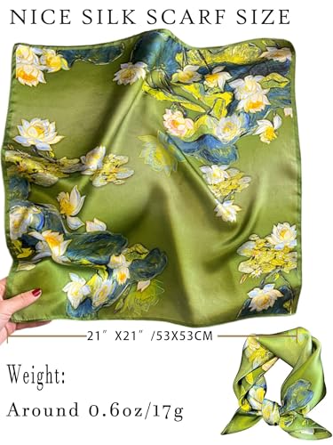 100% Mulberry Silk Scarf for Women Hair Lightweight Square Neckerchief Wrap For Head Scarves 21" - color: 14-green Oil Flowers /21"*21"