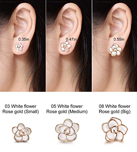 AllenCOCO Rose Flower Stud Earrings for Women Sensitive Ears, Hypoallergenic Cute Gold And Silver Rose Flower Earrings Studs for Women Nickel Free - color: White flower/Rose gold, size: 0.35