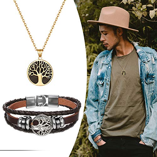 Cupimatch Men Tree of Life Symbol Pendant Necklace Leather Bracelet, Stainless Steel 22 inch Chian Jewelry Set (Black) for Father's Day - color: Brown