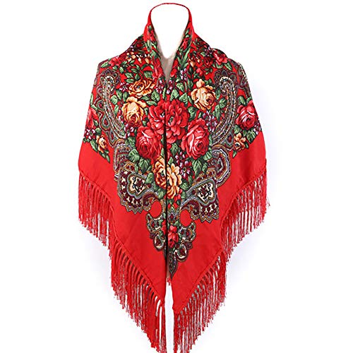 Gudessly Women's Traditional Scarf Wrap Tassel Fringes Neck Head Shawl Retro Scarf Floral Poncho Printing Square Cape 50inch - color: Cerise